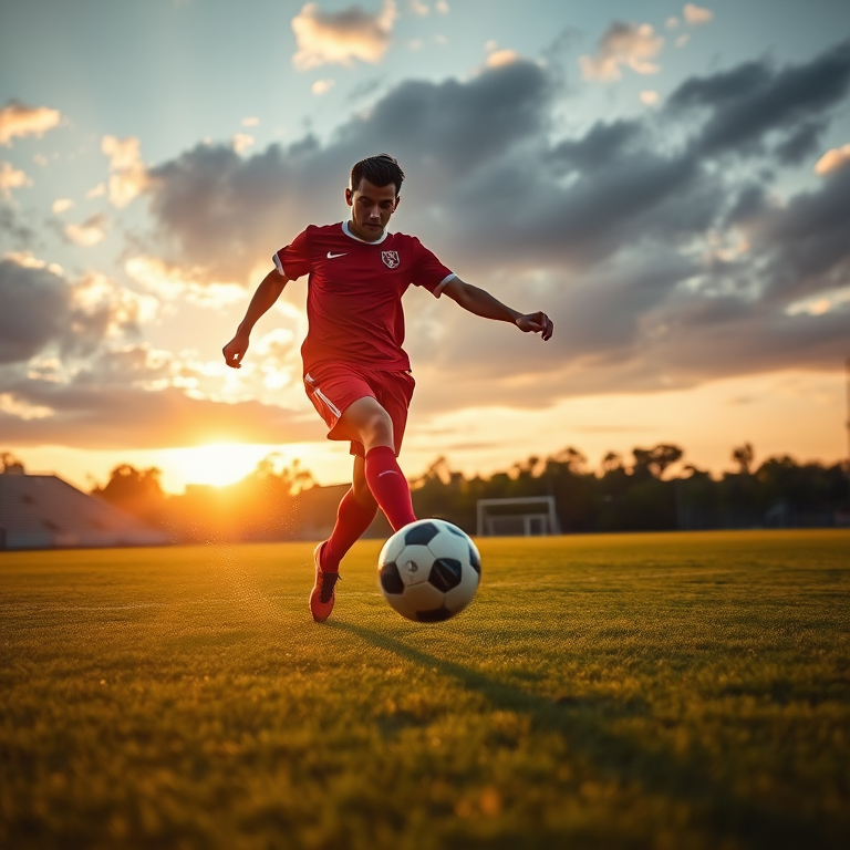 photograph of a soccer player in a red uniform kicking a soccer ball, dynamic motion, sunset lighting, depth of field, ISO 100, aperture f/2.8, shutter speed 1/500s, shot from a low angle, DSLR camera, 50mm lens