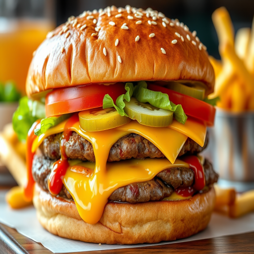 High-resolution, close-up image of a gourmet double cheeseburger. The burger features a glossy, sesame-seed-topped brioche bun. Inside, there are two thick, juicy beef patties, each topped with melted cheddar cheese. The burger is garnished with fresh lettuce, tomato slices, diced onions, and pickles. A generous amount of ketchup and a creamy, orange-colored sauce is dripping down the sides, adding to the mouth-watering appeal. In the background, there are blurred elements including a side of golden French fries and a hint of a beverage, enhancing the overall presentation of a delicious meal.