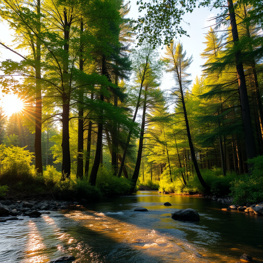 Create an image of a serene, sunlit forest scene with a clear, gently flowing river. Tall trees with lush green foliage line both sides of the river, their leaves bathed in the warm golden light of the setting or rising sun. The sunlight filters through the trees, casting soft, dappled light on the river, which flows over smooth rocks and pebbles, creating a peaceful, natural atmosphere. The sky is bright with a few scattered clouds, and the overall mood is tranquil, evoking a deep sense of connection with nature. The image captures the beauty of a calm, pristine forest landscape at either dawn or dusk.