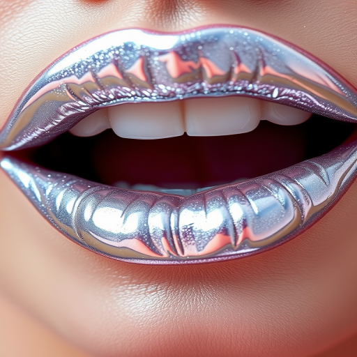 Holographic silver lips with a chrome effect, called "Stardust Shimmer," feature a futuristic, reflective surface and dimensional shine for an eye-catching look