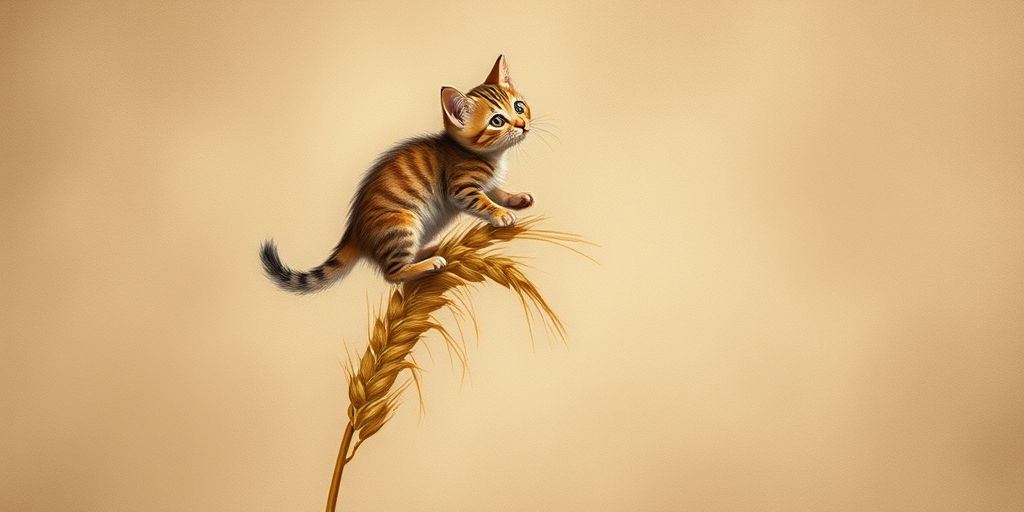 Soft, muted Alcohol Ink with ebru effect background image of tiny whimsical cat, who climbed high on the top of a golden rye ear.