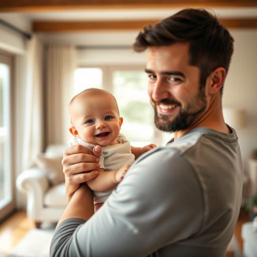 A father holding his smiling baby in a softly lit living room, with a shallow depth of field, 50mm lens, f/1.8, ISO 100, natural light, captured with a full-frame DSLR.