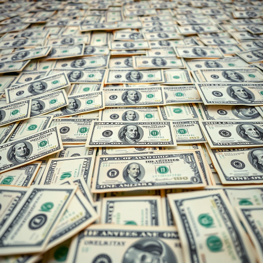 Create a high-resolution image of a large number of one-dollar bills arranged in a perspective view, camera settings: f/8 aperture, 1/60 shutter speed, ISO 200, with a focal length of 24mm, using a DSLR camera for enhanced detail and clarity, soft natural lighting to create depth.