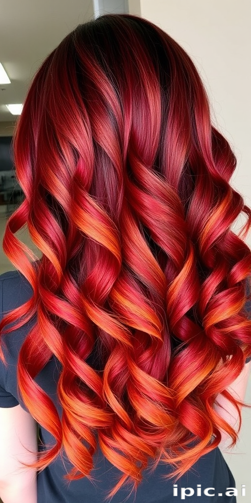Fiery ombré locks transitioning from deep burgundy roots to bright copper tips, styled in voluminous spiral curls dubbed "Autumn Flame" emanating warmth and passion