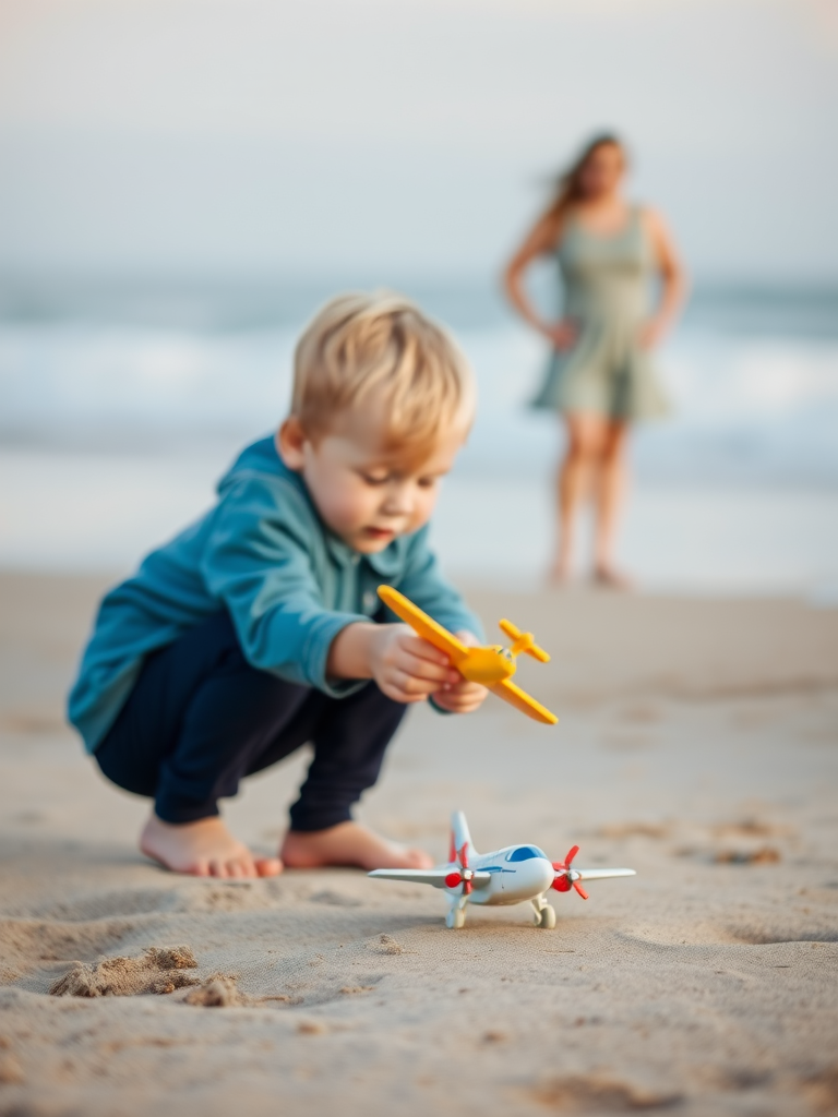 Blurry candid shot of a young boy playing with a toy airplane on a sandy beach, soft waves lapping at the shore, and his mother softly blurred in the background, watching him.