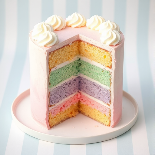 A beautifully layered ice cream cake with pastel colors including pink, green, purple, and yellow, topped with a white frosting, displayed on a white plate with a light blue and white striped background, showcasing a slice removed to reveal the colorful layers inside.