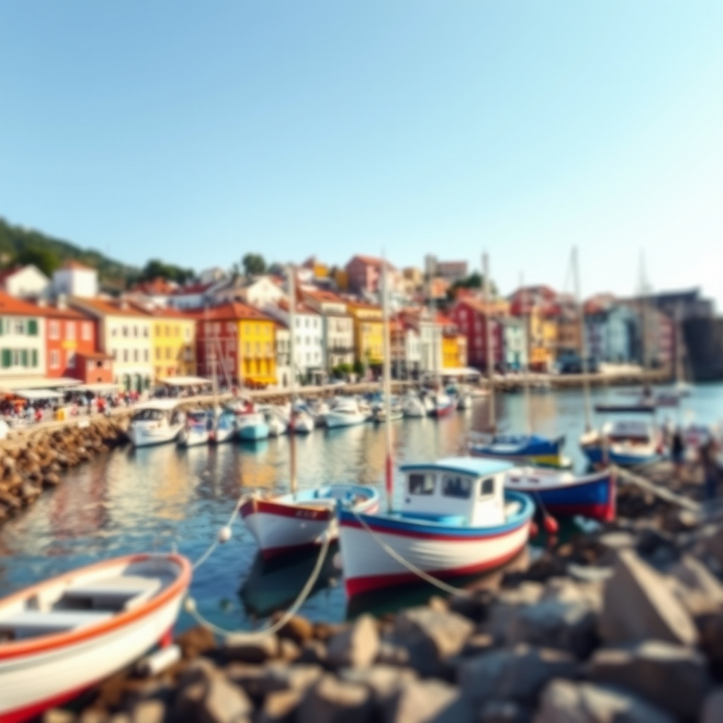 Capture a vibrant scene of a harbor with boats and picturesque buildings along a rocky shore, using a shallow depth of field, ISO 100, aperture f/2.8, shutter speed 1/200s, 50mm lens, natural lighting, focus on the boats with a slightly blurred background for a dreamy effect.