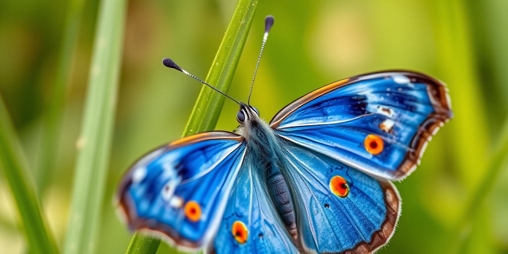 Generate a close-up image of a butterfly resting on a green blade of grass, showcasing its vibrant blue wings with orange spots and delicate antennae, in a softly blurred natural background.