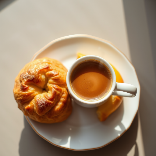 A high-resolution image of a steaming cup of coffee on a saucer next to a soft, golden pastry, shot from a top-down view using a DSLR camera with a 50mm lens, aperture set to f/2.8, ISO 100, with natural lighting to enhance colors and details.