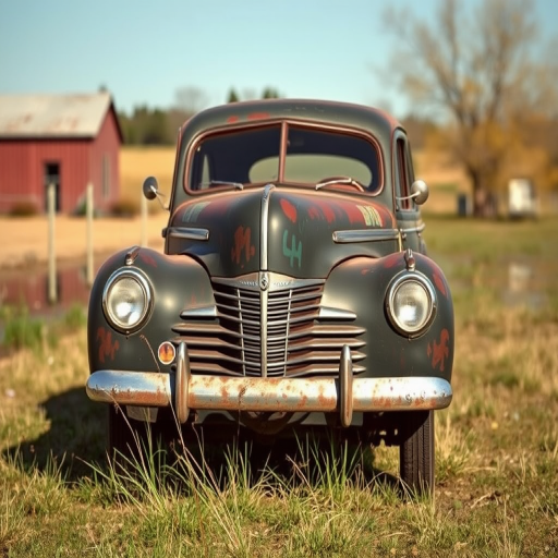 A vintage 1940s rusty car prominently displayed in a rural setting, captured with a DSLR camera at f/2.8 aperture, 1/250 shutter speed, ISO 100, 35mm lens, slight tilt-shift perspective for depth, natural lighting for soft shadows.