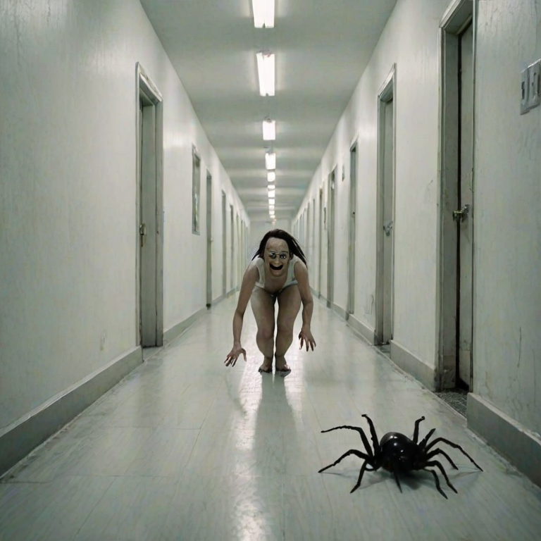 a crooked female with long arms and a creepy smile is crawling along a long white corridor and you can also see cockroaches in it there is a creepy atmosphere creepy art style