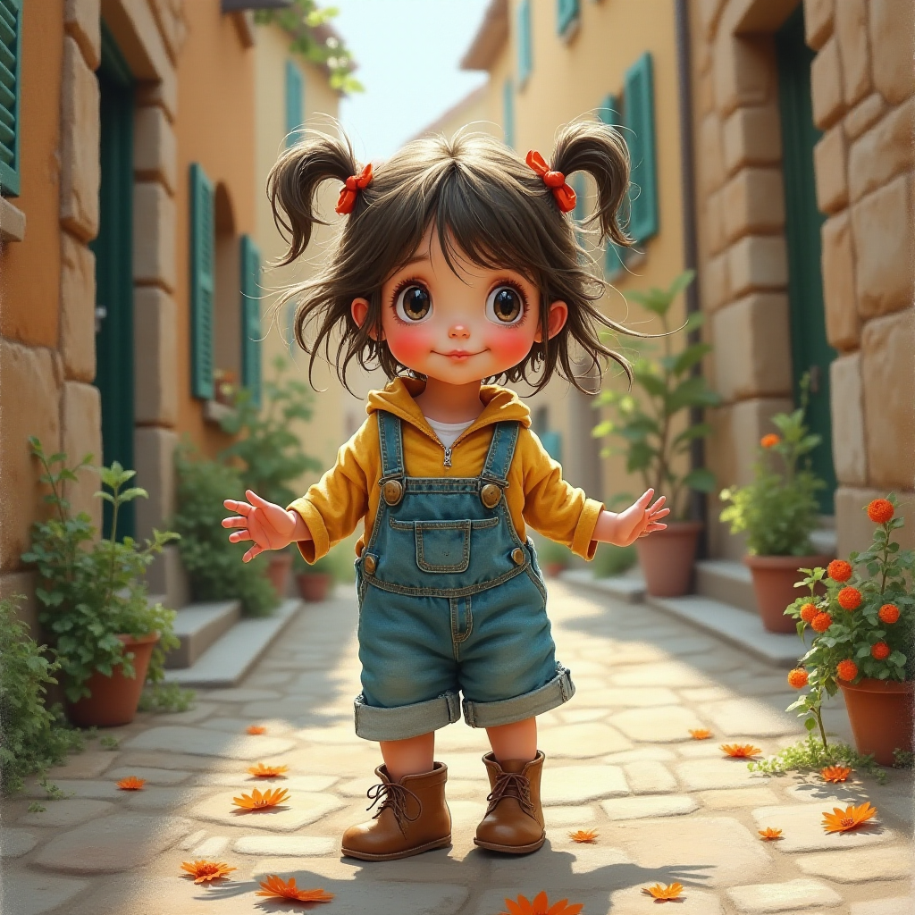 Whimsical little 3-year-old girl wearing scruffy tomboy clothes, boots, messy hair heavily blushed cheeks, pink lips, closely dancing in the street of an Italian village,Textured painterly fantasy artistic mixed media