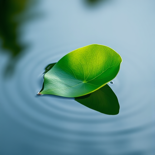 Create a high-resolution image of a stylized green leaf floating on water, with a smooth reflective surface, using a DSLR camera at f/2.8 aperture, 50mm lens, ISO 100, shot from a low angle to enhance the reflection effect, with soft natural lighting for a vibrant appearance.