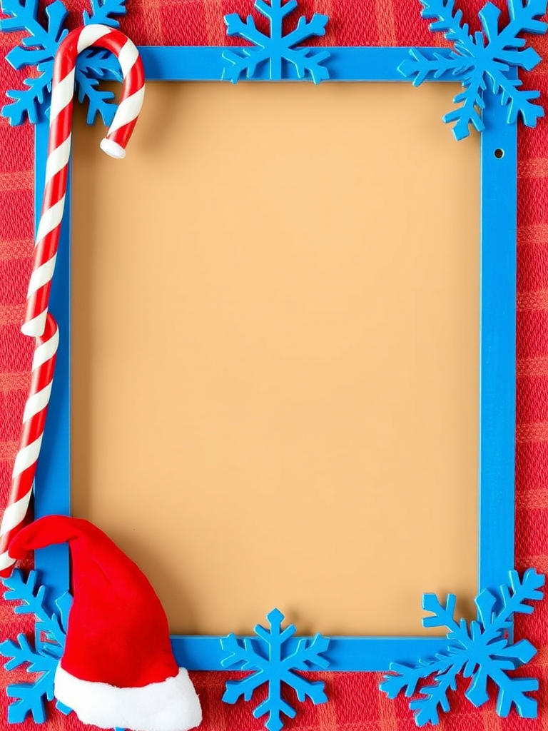 Create a festive Christmas photo frame with a blue snowflake design, a candy cane on the top left and a red Santa hat on the bottom right, using a DSLR camera with a 50mm lens, f/2.8 aperture, ISO 100, and natural lighting for optimal image quality.