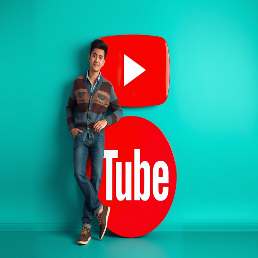 Create an image of a stylized person leaning casually against a large YouTube logo on a vibrant teal background with a shallow depth of field, using a DSLR camera at f/2.8, ISO 100, 50mm lens, and soft lighting for enhanced clarity and vibrant colors.