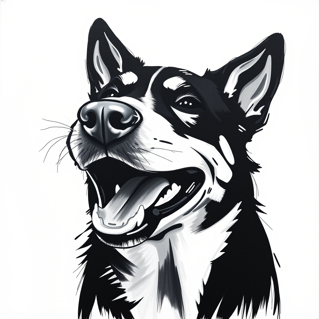 Abstract black and white acrylic portrait of an over exaggerated laughing (dog). Minimalism style. White background.