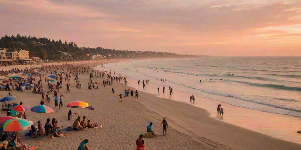 Blurry, wide-angle shot of a crowded beach at sunset, with colorful umbrellas dotting the sand, children building sandcastles, and surfers riding the soft waves, the sky painted in warm orange and pink hues.