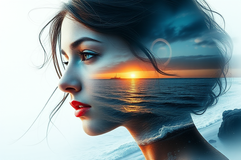 design Book cover, A surreal double exposure portrait that blends a woman's face with a beautiful seascape. The overall mood is dreamy and mystical, with rich colors and intricate details
