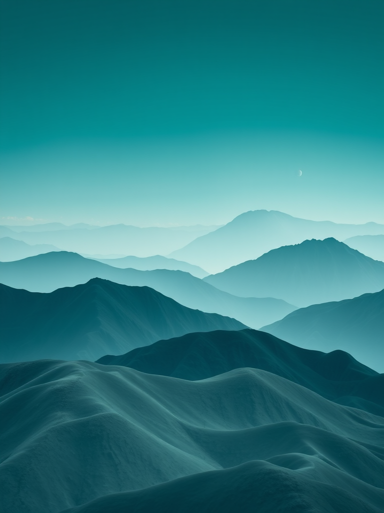 Create an abstract landscape with layered mountains in varying shades of teal, mint, and gray, featuring curved lines outlining the peaks, shot using a Canon EOS R with a 24-70mm lens at f/8, ISO 200, 1/250s, in a high-resolution digital format.