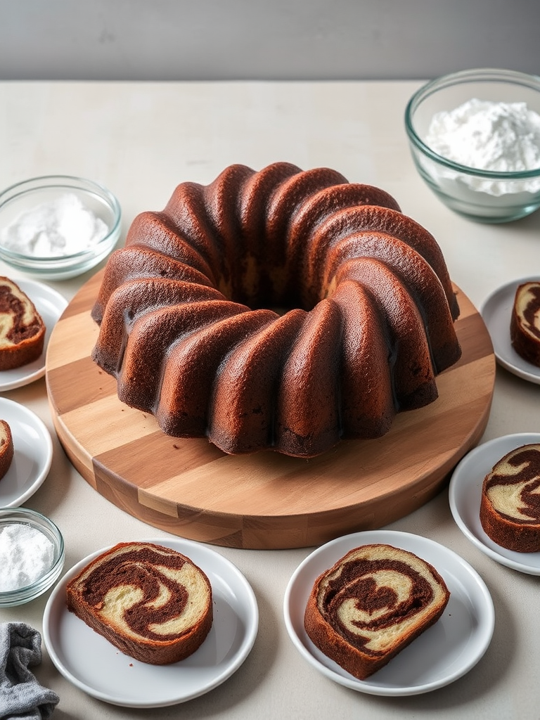 A beautifully presented chocolate marble bundt cake on a wooden serving board surrounded by slices on small plates with a light background and glass bowls of sugar and flour nearby.