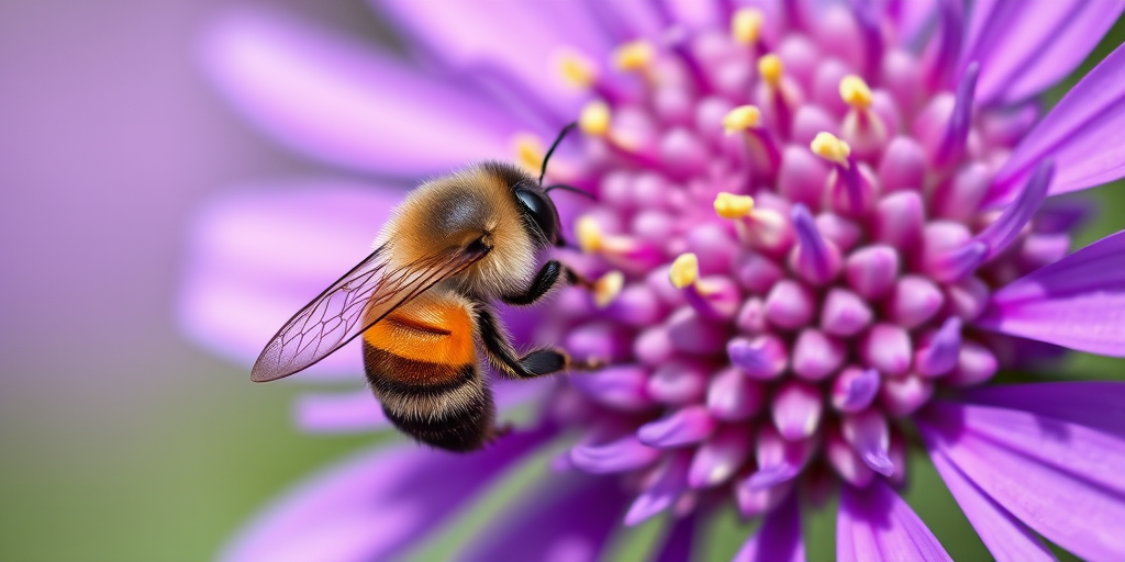Close-up shot of a bee on a vibrant purple flower with a shallow depth of field, using a Canon EOS 5D Mark IV, 85mm lens, aperture f/1.8, ISO 100, 1/200 sec, daylight, capturing intricate details and soft background blur.