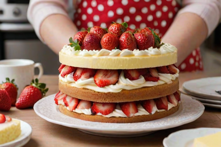 Generate an image of a beautifully decorated cake with layers of sponge, strawberries, and custard. The cake should have a smooth white frosting on top and be garnished with fresh strawberries. Include a person holding a plate with a slice of the cake, wearing a polka dot apron. The background should be a cozy kitchen setting.