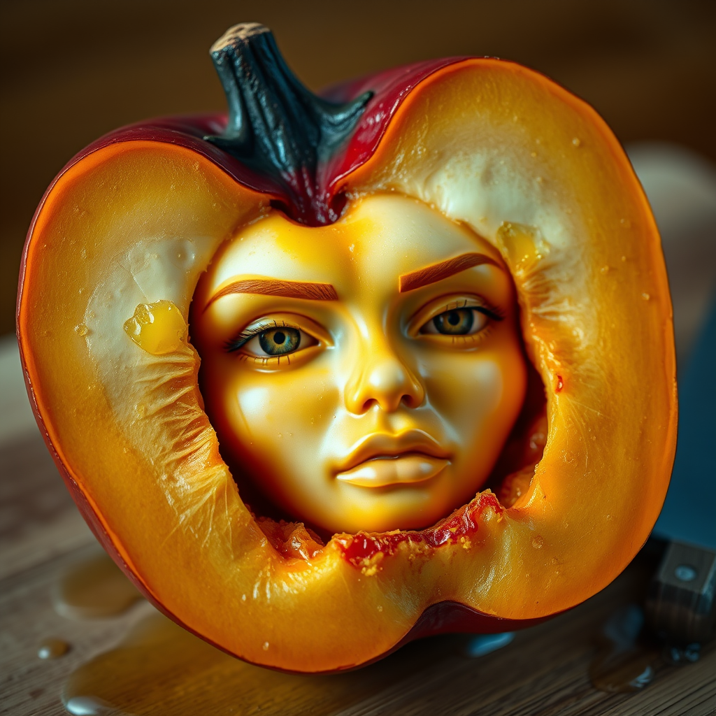 A hyperdetailed photorealistic macro color saturated high resolution image of a pumpkin cut in half, with the peach pit being a highly detailed sculpted woman's face with her eyes open and peach-colored irises. The face has a marble texture. The image includes condensation, moisture, and peach juice. The peach is on a wooden cutting board with a small fruit knife nearby, also covered with juice.