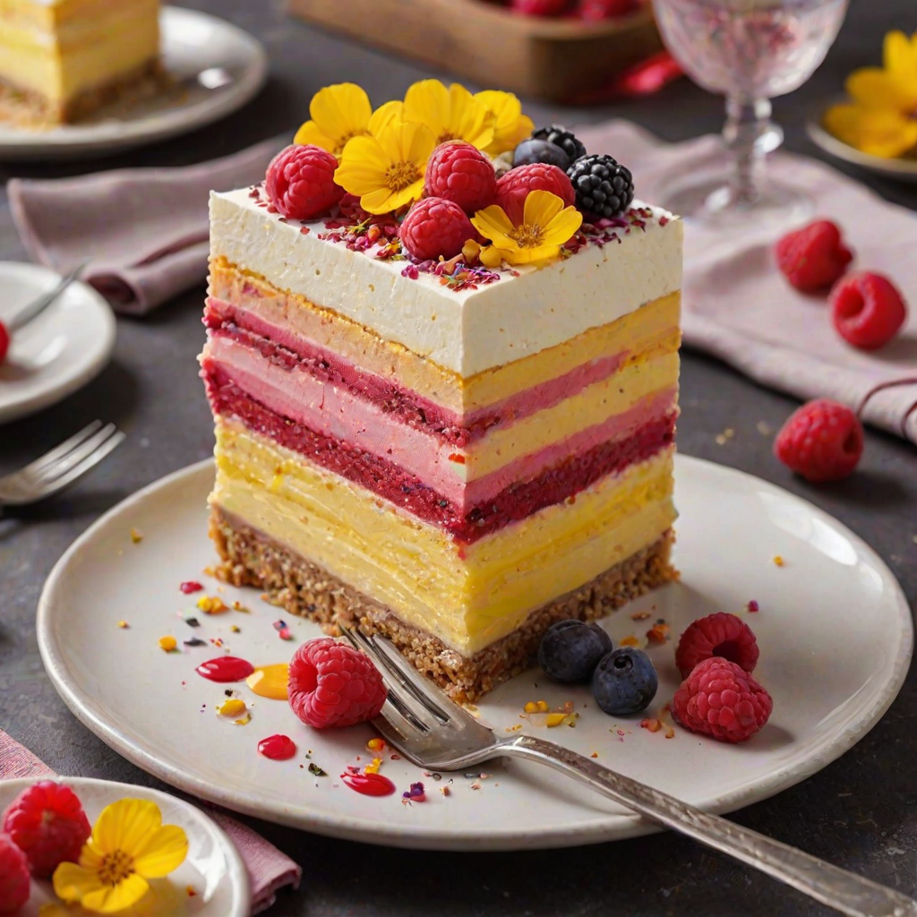 Create an image of a beautifully layered dessert with three distinct colors: yellow, pink, and red. The dessert should have a smooth, glossy surface and be garnished with fresh raspberries and edible flowers. The slice should be presented on a white plate with a fork beside it, showcasing the vibrant layers and a crumbly base. The background should be dark to enhance the colors of the dessert.