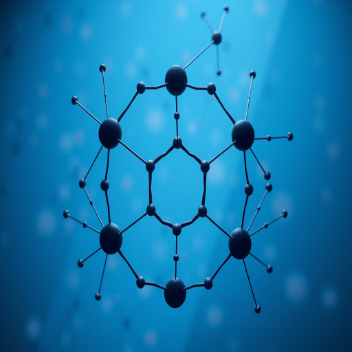 Create a high-resolution abstract image of interconnected hexagons and nodes in a gradient blue background, using a Canon EOS 5D Mark IV with a 24-70mm f/2.8 lens, aperture set to f/8, shutter speed 1/125 sec, ISO 100, top-down view, and soft lighting for enhanced clarity and depth.