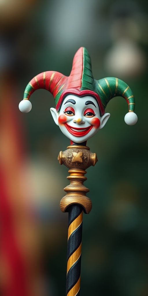 Create a high-resolution image of a jester's staff with a smiling jester face on top in a vibrant color palette, shot with a DSLR camera at f/2.8, ISO 100, 50mm lens, in a soft focus style with a shallow depth of field.