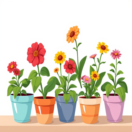 Create a vibrant illustration of six potted flowers with varying colors, using a high-resolution digital format, set at 300 DPI, with a focus on bright tones and clear outlines, framed in a minimalist style, captured using a Canon EOS R5 with a 50mm lens at f/2.8, ISO 100, and employing natural light for enhanced contrast and detail.