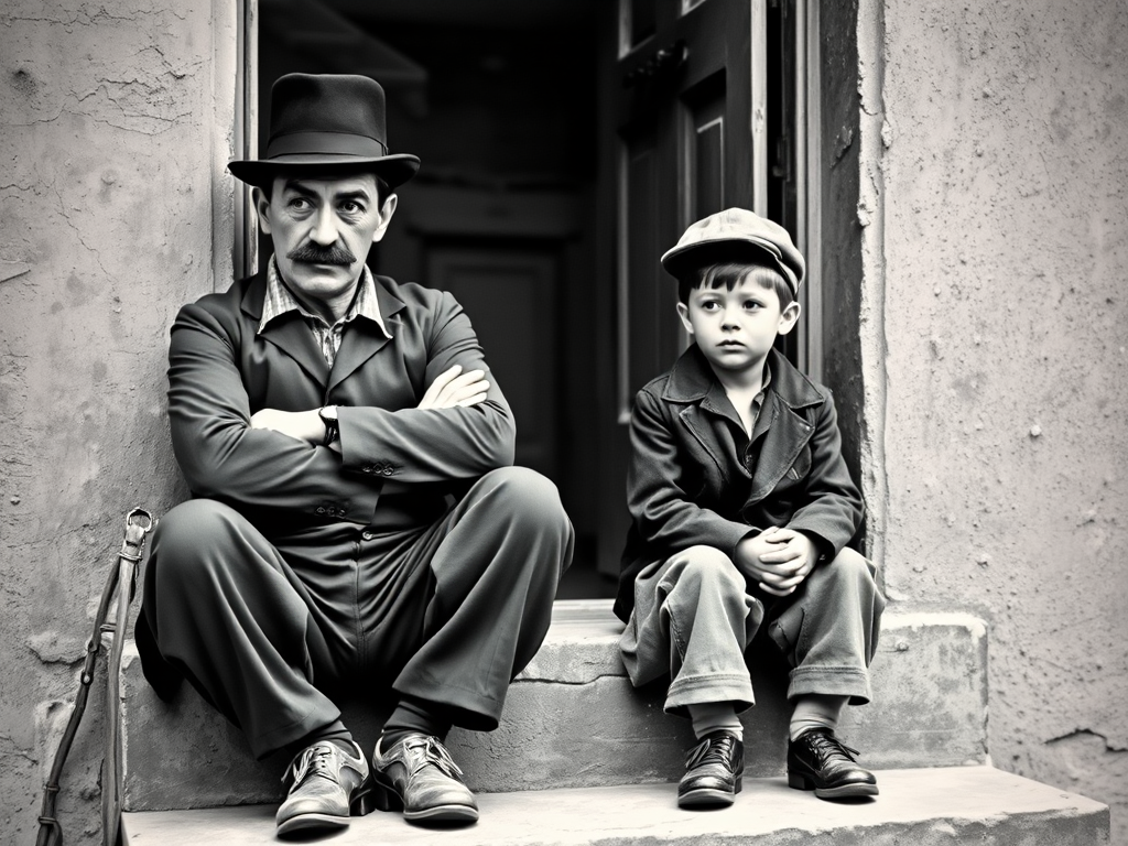 A black-and-white photograph of a man and a child sitting on steps in front of a doorway. The man is dressed as a tramp with a bowler hat, mustache, and ragged clothes, reminiscent of Charlie Chaplin's iconic look. He is sitting with his arms crossed and an expression of slight sadness or frustration. Next to him is a young boy, also in worn clothes and a cap, sitting with his hands clasped, looking thoughtful. The background is an old, textured wall and a partially open door, creating a vintage, early 20th-century atmosphere.