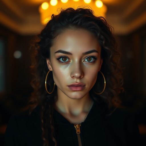 A young woman with long, curly brown hair is looking directly at the viewer. She is wearing a black top with a zipper down the front. The setting is a dimly lit interior space, with a warm, golden light emanating from the background. Her expression is neutral, with a hint of seriousness. The image is a close-up portrait with a shallow depth of field, focusing on the woman's face and torso. The background is blurred, creating a soft and intimate atmosphere.  She is wearing large gold hoop earrings, and a small gold chain is visible around her neck.  Her makeup is natural and simple, highlighting her brown eyes. The lighting creates subtle shadows that accentuate her features.  Her skin is smooth and glows in the soft light. The composition is balanced, with the woman's face positioned in the center of the frame.  The image is focused on capturing her beauty and confidence.