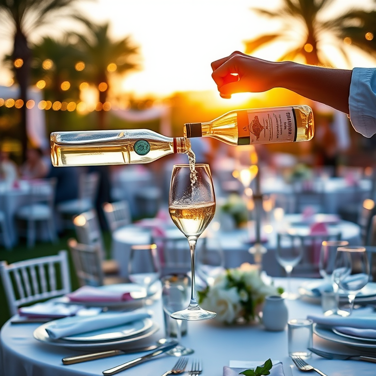 a vibrant outdoor wedding reception with elegantly set tables, a person pouring white wine into a glass, soft golden hour lighting, shallow depth of field, 50mm lens, f/1.8 aperture, ISO 200, natural light photography