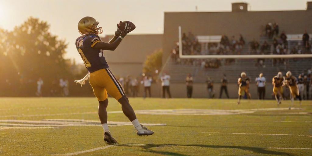 Blurry action shot of a football player catching a pass mid-air, soft golden light from the setting sun casting long shadows on the field, with distant teammates cheering from the sideline.