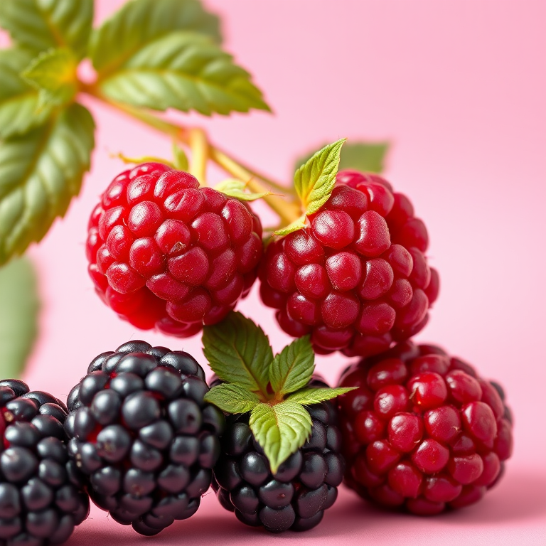 regenerate a vibrant illustration of raspberries and blackberries with a smooth pink background, focus on texture details, use a Canon EOS R5 with a 50mm f/1.2 lens, aperture at f/4 for sharpness, ISO 100 for clarity, and a slight vignette effect to enhance depth