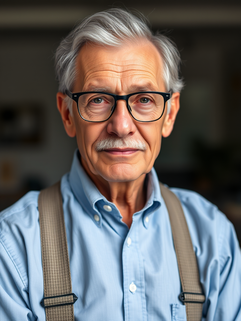 Create a high-resolution portrait of an elderly man with grey hair and glasses, wearing a light blue shirt and suspenders, soft natural lighting, 50mm lens, f/1.8 aperture, ISO 100, shot with a Canon EOS R5, in a well-lit studio setting with a shallow depth of field.