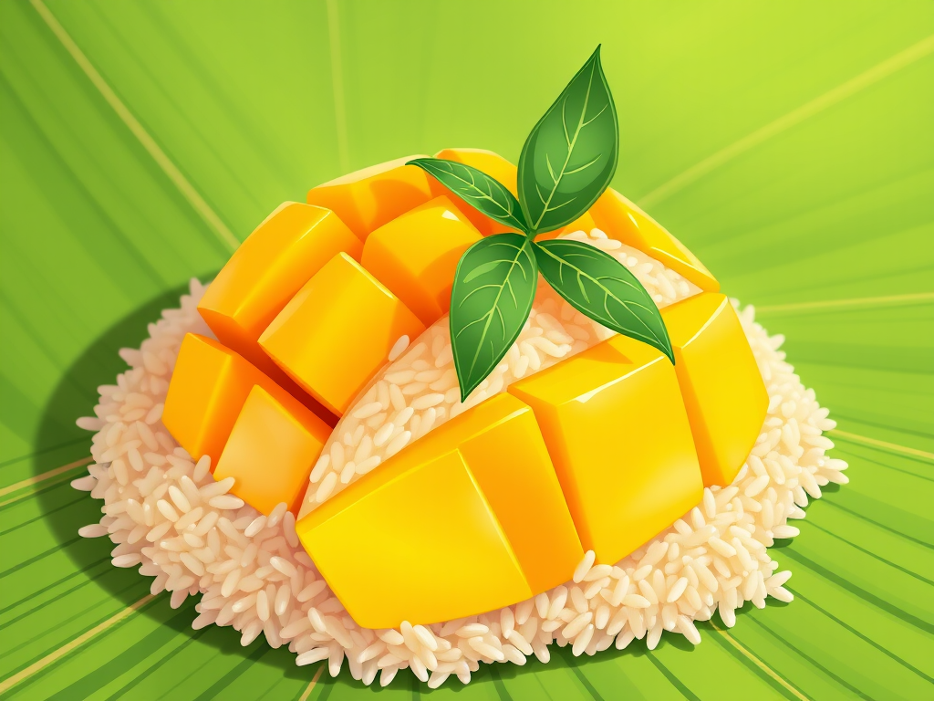 Create a high-quality illustration of mango sticky rice with a detailed focus on the mango and rice, set on a banana leaf background, using a digital art style with vibrant colors, 4K resolution, wide-angle view, and soft lighting effect.
