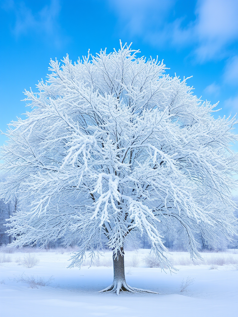 a snow-covered tree in a winter landscape with a bright blue sky, captured with a Canon EOS R5, 50mm lens, f/8 aperture, ISO 100, 1/200s shutter speed, shot from eye level for depth and clarity
