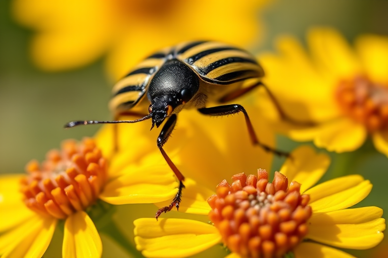 macro shot of a striped beetle on vibrant yellow flowers with shallow depth of field, f/2.8 aperture, ISO 100, 1/200 sec shutter speed, Canon EOS 5D Mark IV, 100mm macro lens, natural sunlight for enhanced color saturation