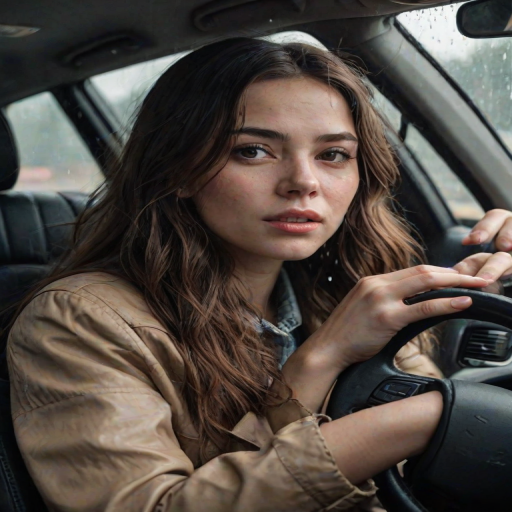 detailed edges, detailed image, perfection style, A perfect photo of a woman driving a car in the rain, 1girl, solo, long hair, black hair, jewelry, teeth, blurry, lips, ring, clenched teeth, ground vehicle, realistic, car, driving, steering wheel, detailed face, detailed body, detailed hands, detailed eyes, detailed nose, detailed ears, detailed hair, detailed, perfection, detailed teeth, detailed skin texture, wrinkly, detailed fingers, detailed mouth, beauty, realism, real, detailed hair, detailed pores, detailed background, sharp image, detailed lips, different race, different color, different haircut, different skin tone, different, different people, different pose, perfection style, brown hair, 1boy, male focus, motor vehicle, rain, photorealistic