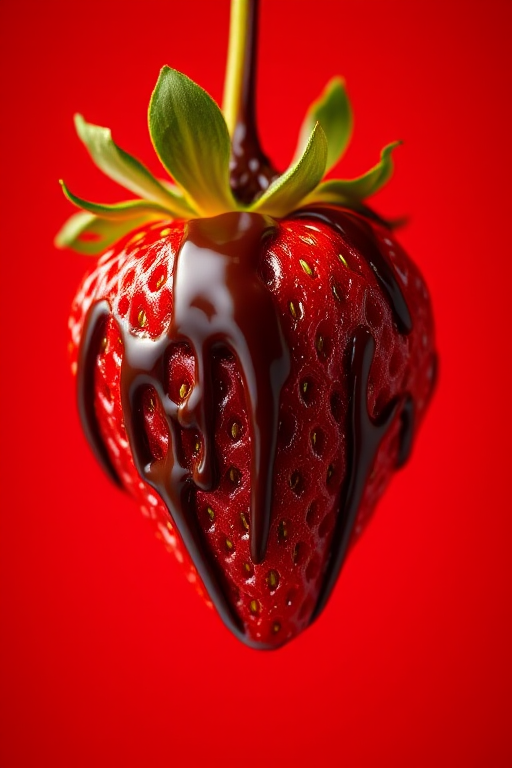 A close-up shot of a fresh strawberry drizzled with melted chocolate, hanging against a vibrant red background, captured with a DSLR camera using a 50mm lens, aperture f/2.8, ISO 100, shutter speed 1/200s, natural lighting to enhance textures and colors.
