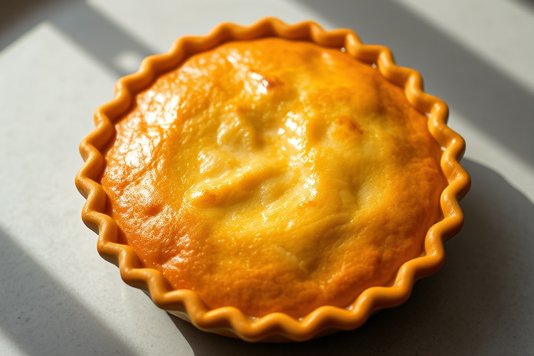 Create a high-resolution image of a golden, round pie with a smooth crust and decorative top, using a Canon EOS 5D Mark IV, 50mm lens, f/2.8 aperture, 1/125s shutter speed, and natural soft lighting for an appealing look.