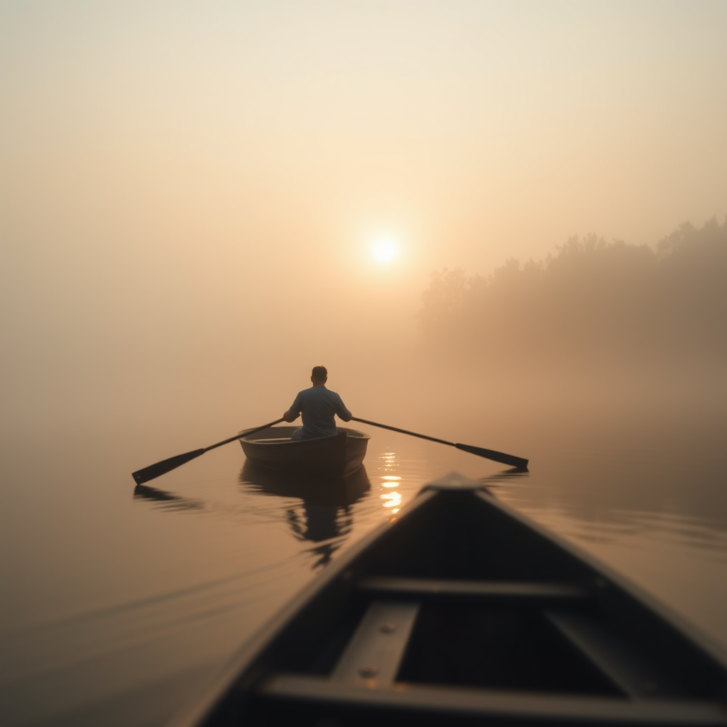 Blurry candid shot of a man rowing a boat across a misty lake at dawn, soft golden light from the rising sun illuminating the water, with trees barely visible through the mist.