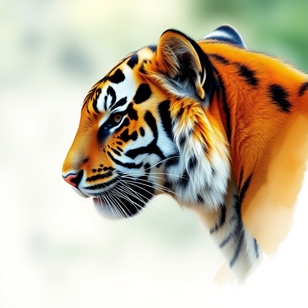 Create a high-resolution watercolor painting of a tiger's head in profile with intricate details, using a Canon EOS R5, ISO 100, f/8, 1/250s, natural light, shallow depth of field, and a soft focus background to enhance the tiger's features and colors.
