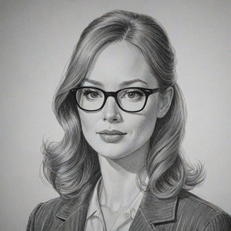 Ravishing Alicia Witt, pencil sketch, portrait of Appealing woman 1958s in glasses, hair style beatnik, outline, clear lines, fine lines, 8k
