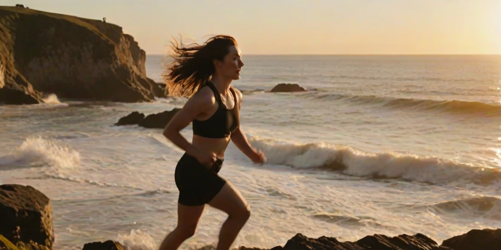 Blurry action shot of a woman sprinting along a coastal path at sunset, waves crashing against the rocks below, with soft golden light casting long shadows and wind whipping her hair back.