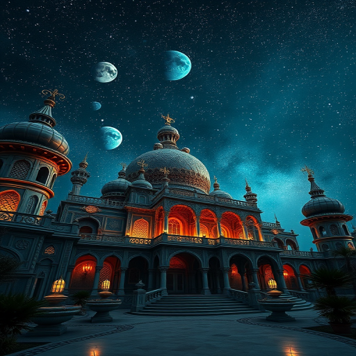 Create a high-resolution fantasy landscape of an ornate palace with intricate architecture under a starry night sky filled with planets, shot with a Canon EOS R5, aperture f/1.8, ISO 100, 24mm lens, in a wide-angle view with soft ambient lighting.