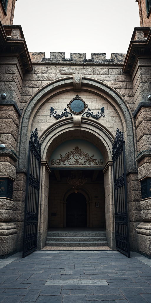Regenerate a detailed 3D model of an old stone archway with ornate wrought-iron gates, featuring realistic textures and lighting, captured with a DSLR camera at f/8 aperture and ISO 100, shot from a low angle perspective to emphasize grandeur, using a wide-angle lens to enhance depth.