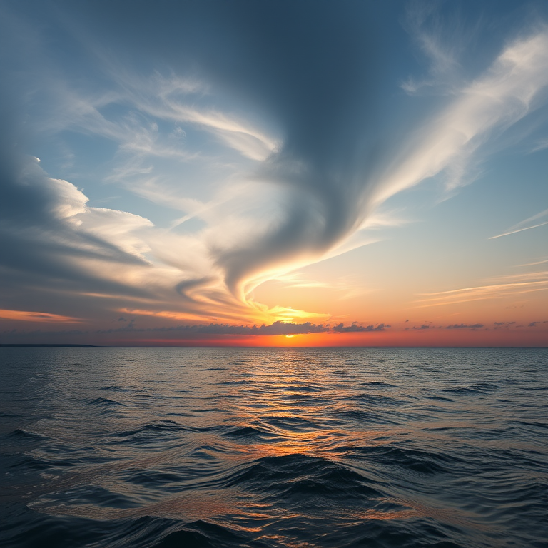 sunset over calm water with swirling clouds in the sky, captured with a DSLR camera, 35mm lens, f/8 aperture, ISO 100, wide-angle view, natural lighting, high dynamic range for enhanced detail
